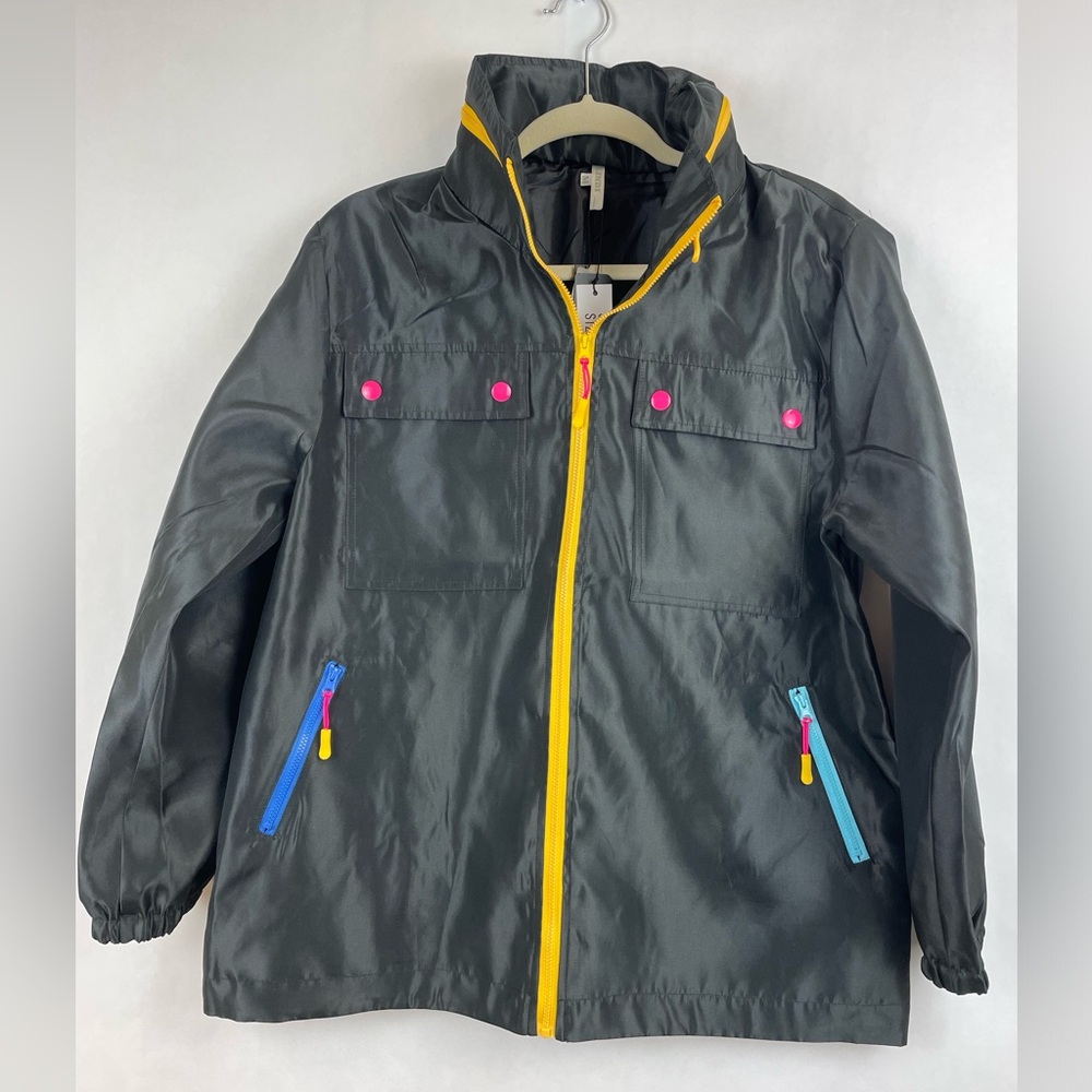 *NWT* Zip-Front Windbreaker Black with Multi-Color Accents and Hidden Hood